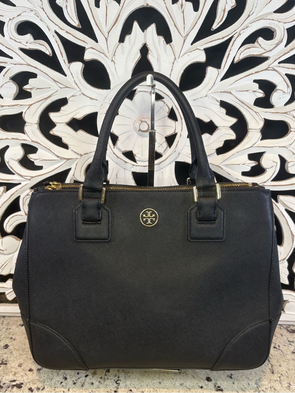Tory Burch Black Saffiano Double Zip Satchel with Gold Logo